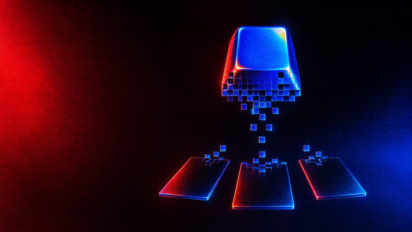 A blue keycap dissolving into small cubes that fall onto three glass plates below it.