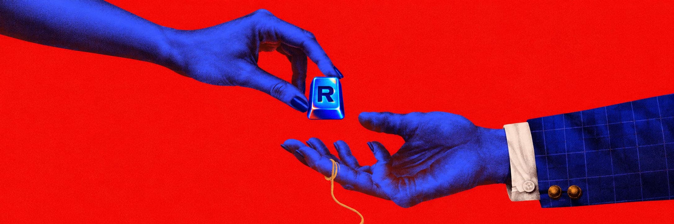 One blue hand passes a glossy R keycap into another open palm across a red field.