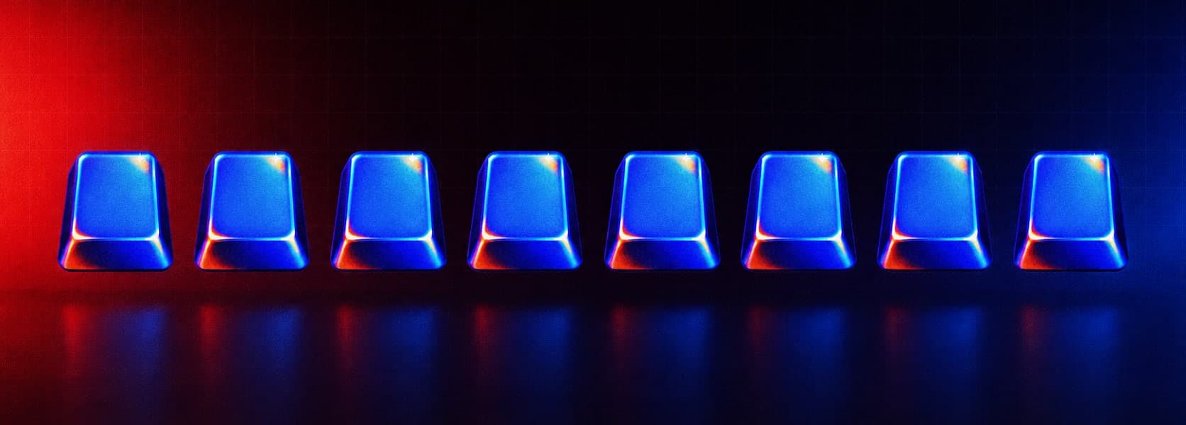 Eight glossy blue keycaps in a row on a dark table, lit red from the left and blue from the right.
