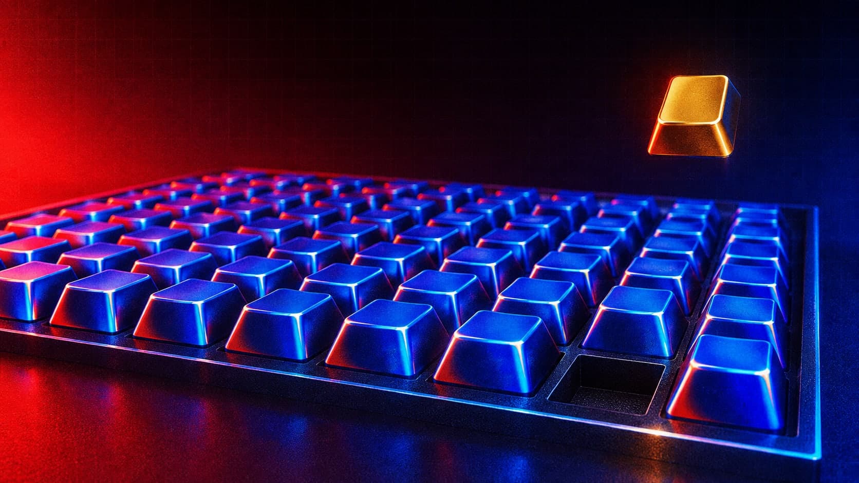 A keyboard of blue keycaps with one gold key lifting off it.
